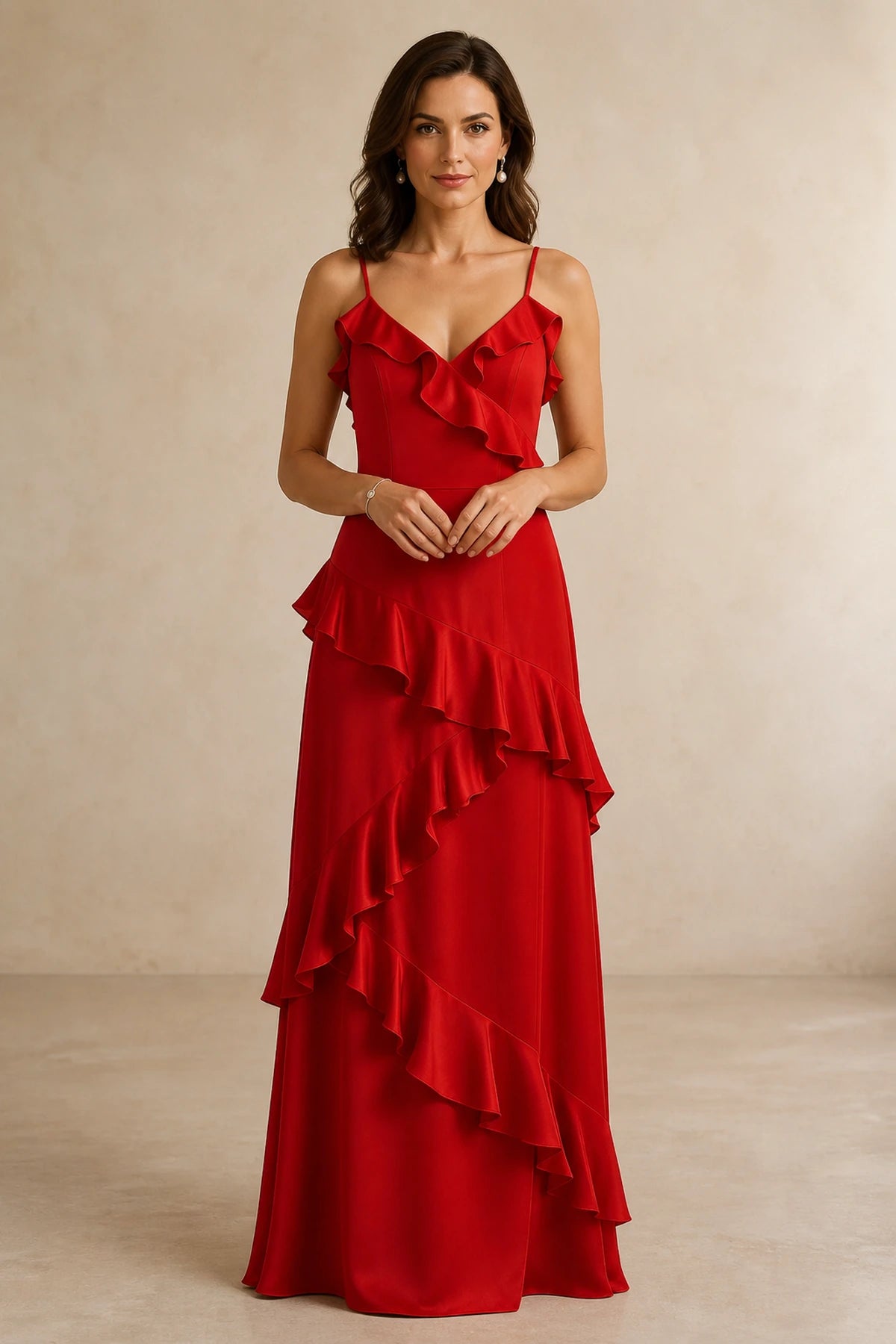 Romantic A-Line V-Neck Spaghetti-Strap Open-Back Floor-Length Bridesmaid Dress