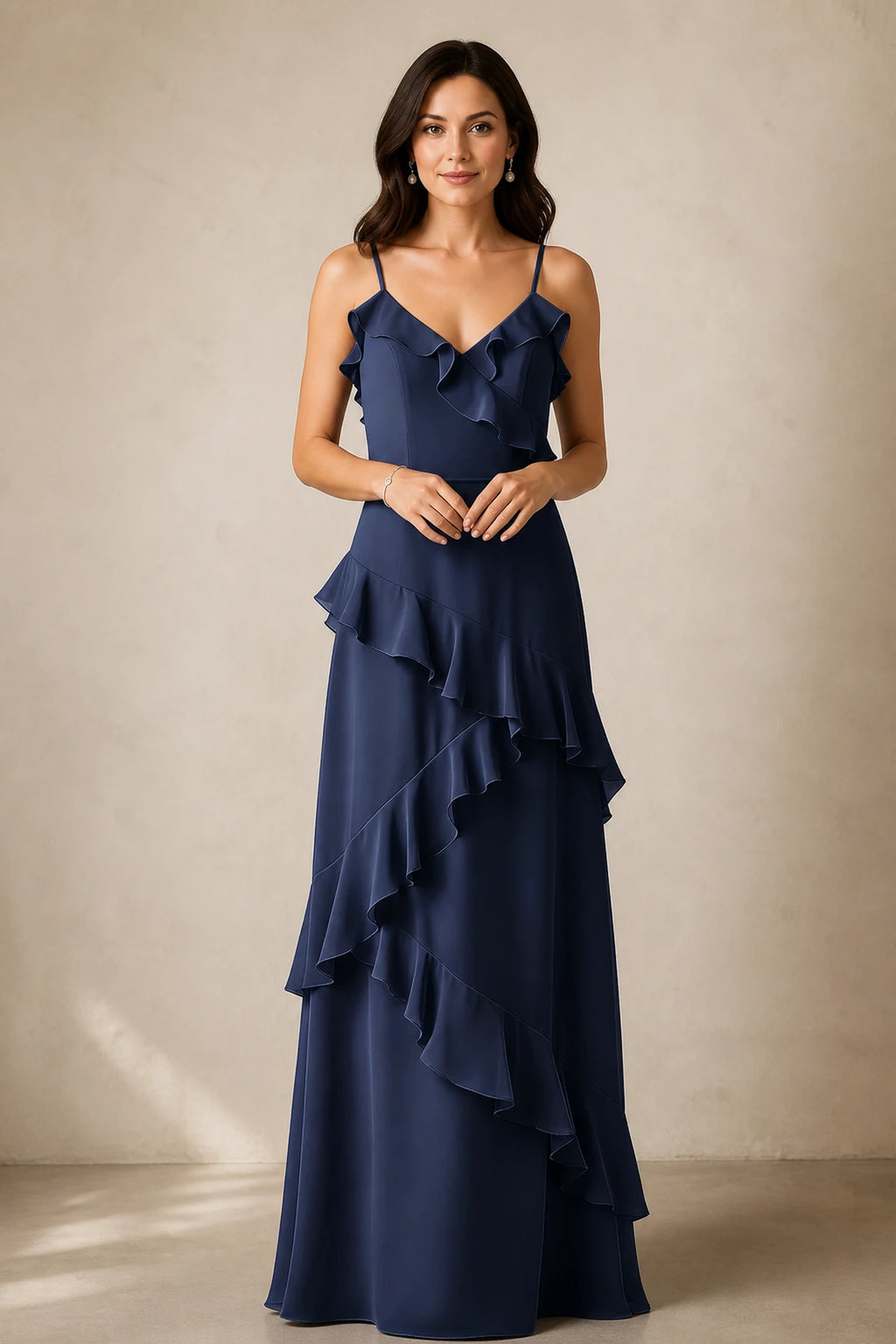 Romantic A-Line V-Neck Spaghetti-Strap Open-Back Floor-Length Bridesmaid Dress