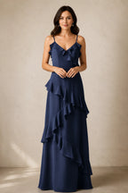 Romantic A-Line V-Neck Spaghetti-Strap Open-Back Floor-Length Bridesmaid Dress