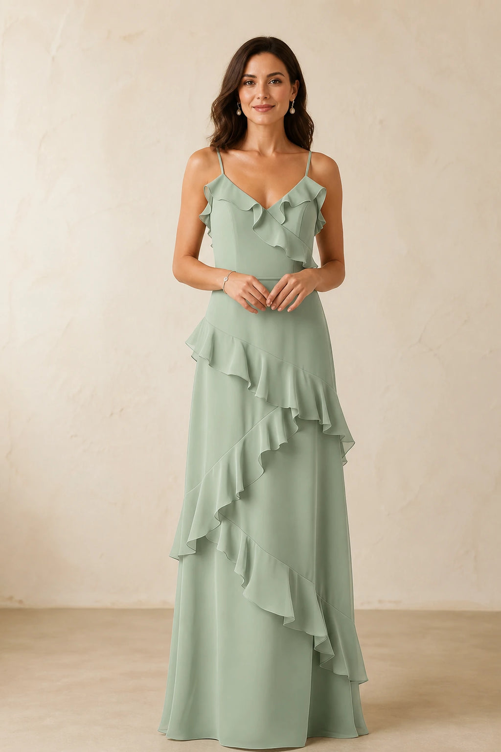 Romantic A-Line V-Neck Spaghetti-Strap Open-Back Floor-Length Bridesmaid Dress