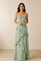 Romantic A-Line V-Neck Spaghetti-Strap Open-Back Floor-Length Bridesmaid Dress