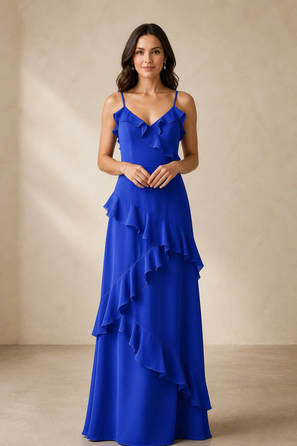 Romantic A-Line V-Neck Spaghetti-Strap Open-Back Floor-Length Bridesmaid Dress