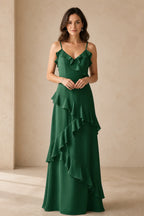 Romantic A-Line V-Neck Spaghetti-Strap Open-Back Floor-Length Bridesmaid Dress