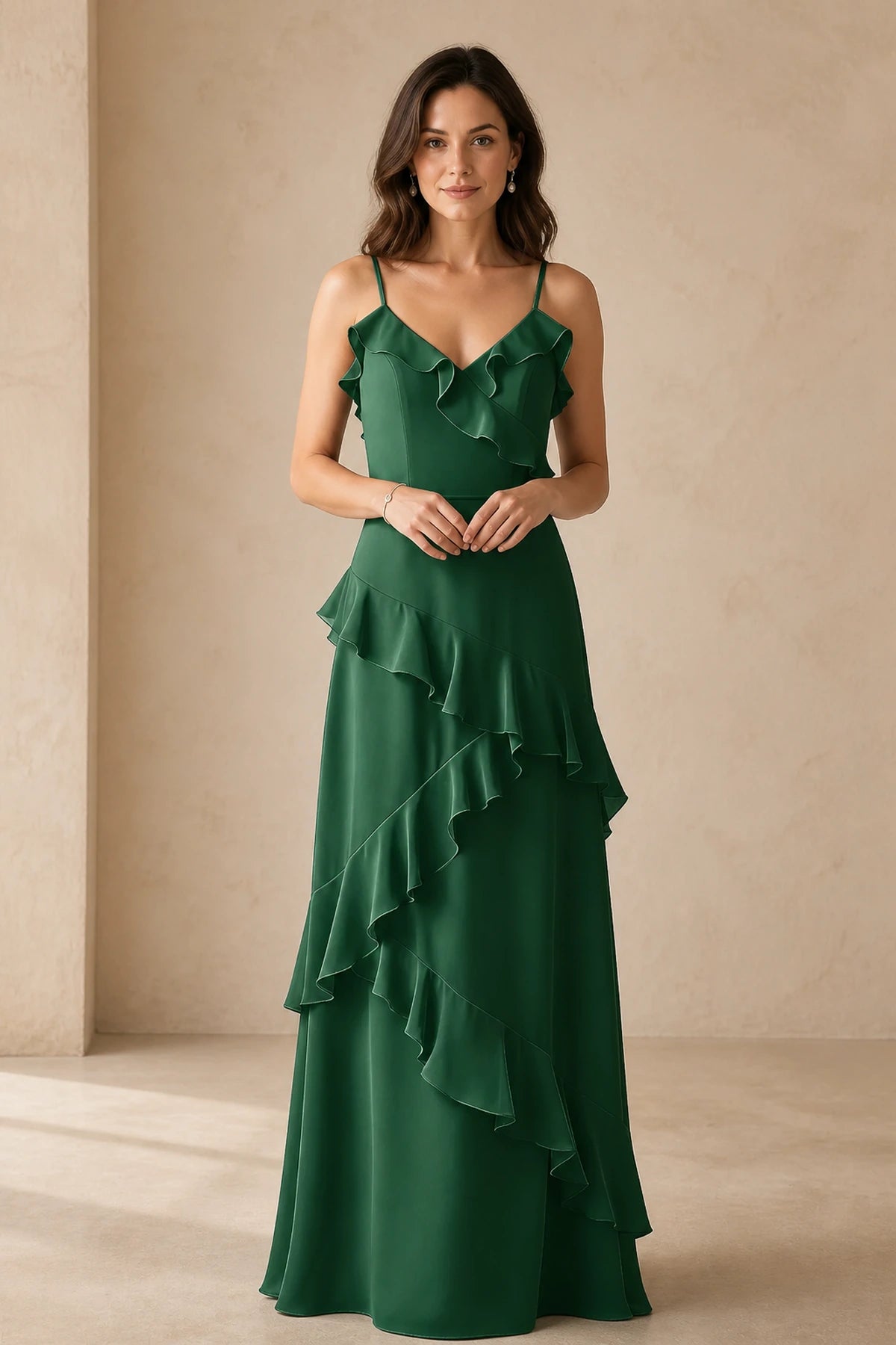 Romantic A-Line V-Neck Spaghetti-Strap Open-Back Floor-Length Bridesmaid Dress