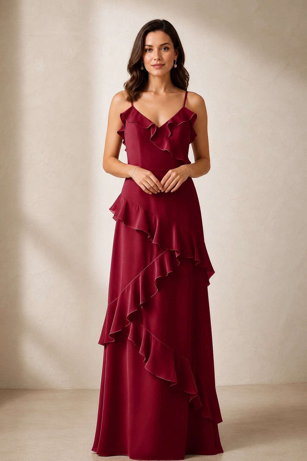 burgundy-v-neck-ruffle-bridesmaid-dress-front.webp