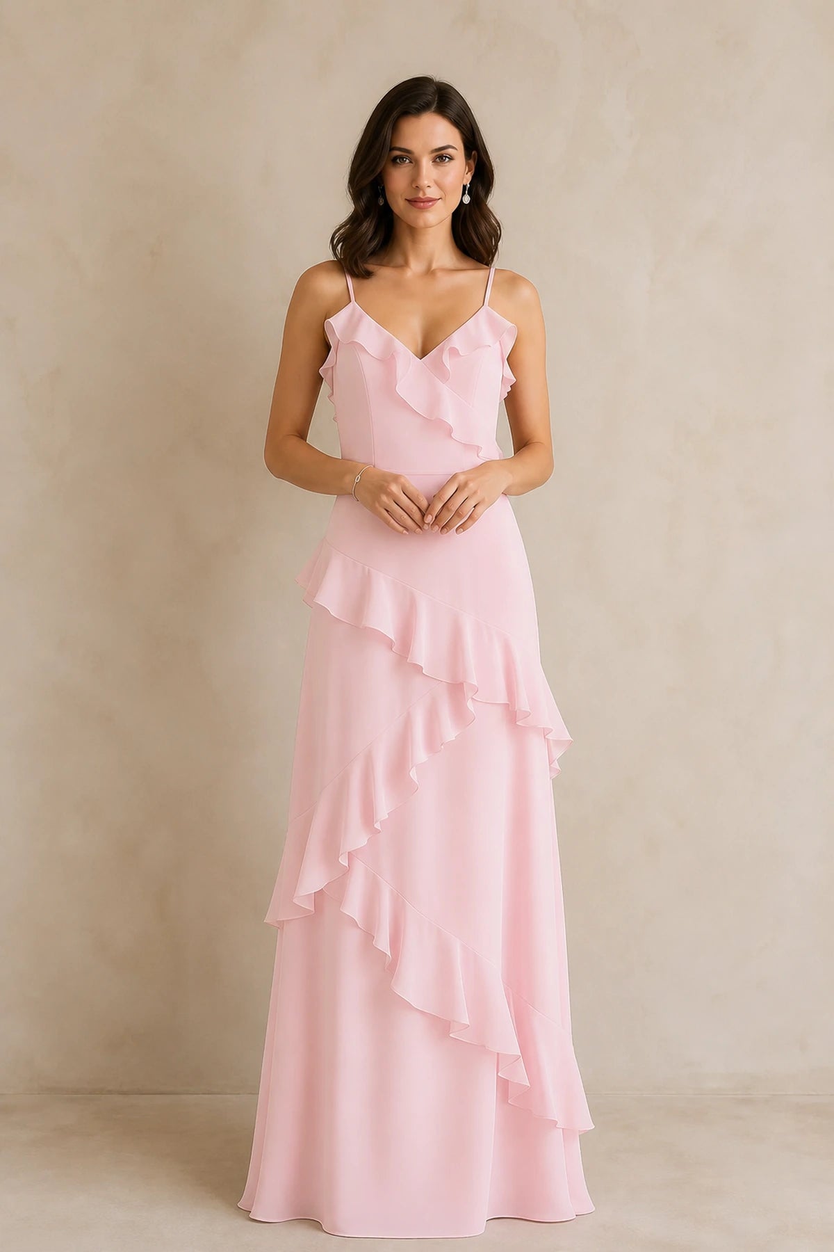 Romantic A-Line V-Neck Spaghetti-Strap Open-Back Floor-Length Bridesmaid Dress