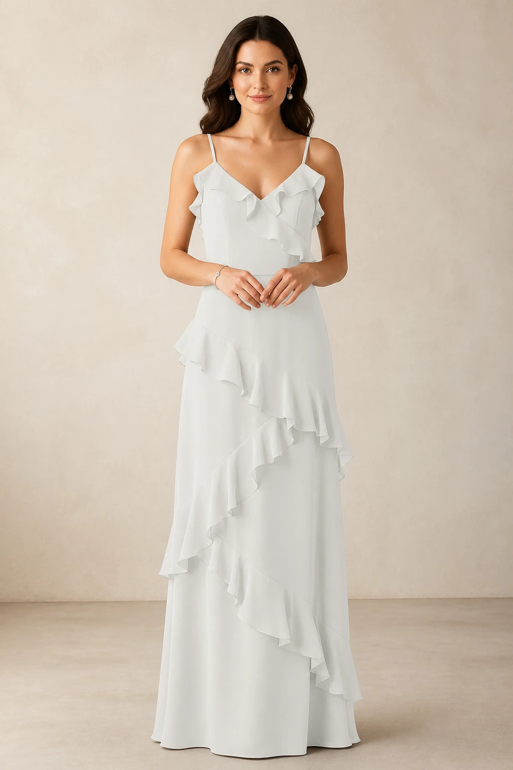 Romantic A-Line V-Neck Spaghetti-Strap Open-Back Floor-Length Bridesmaid Dress