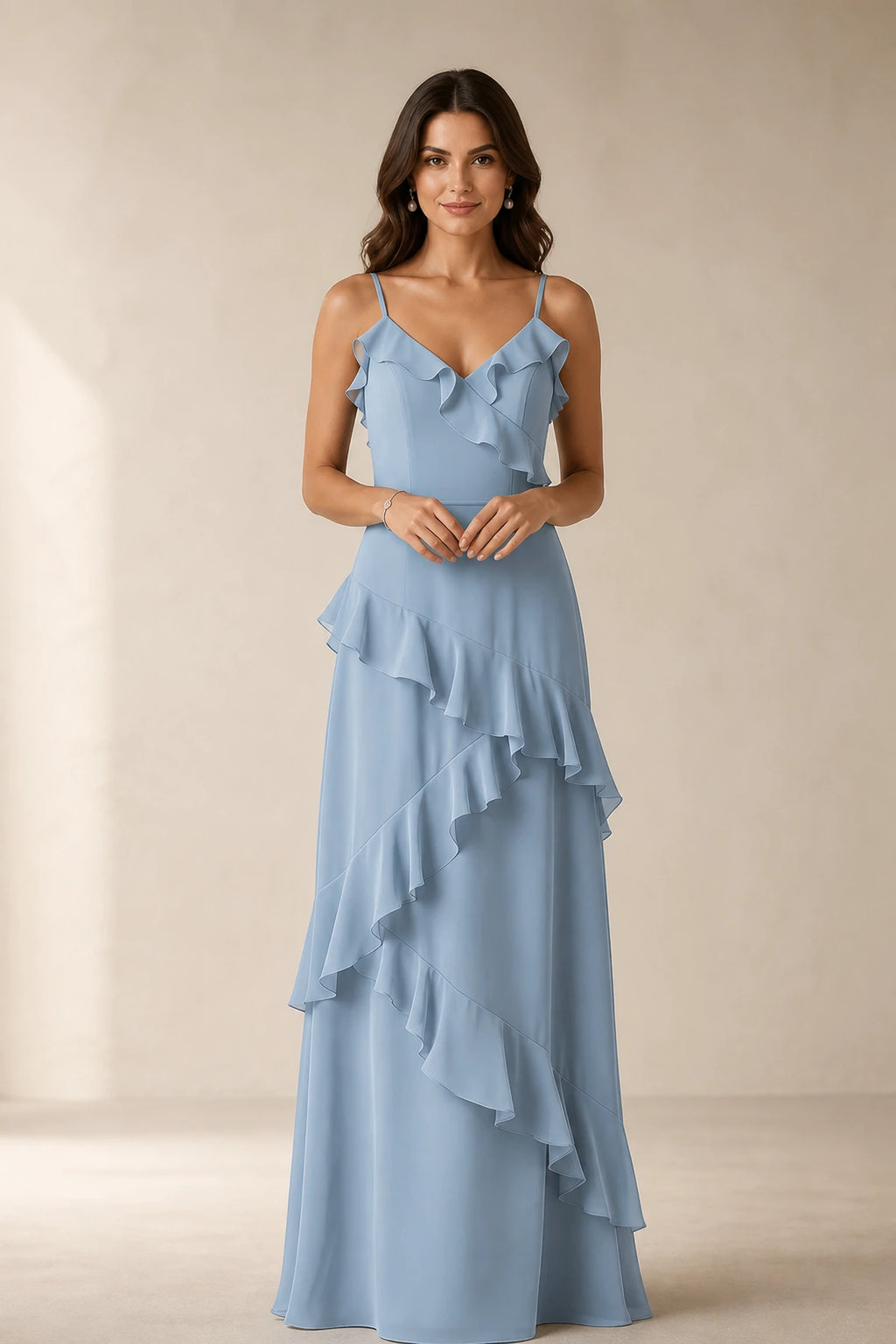 Romantic A-Line V-Neck Spaghetti-Strap Open-Back Floor-Length Bridesmaid Dress