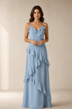 Romantic A-Line V-Neck Spaghetti-Strap Open-Back Floor-Length Bridesmaid Dress