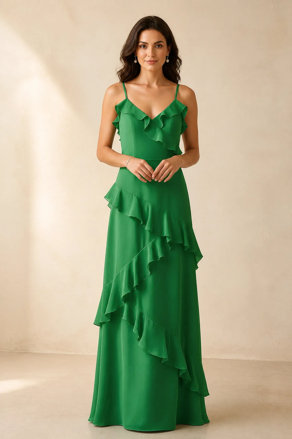 Romantic A-Line V-Neck Spaghetti-Strap Open-Back Floor-Length Bridesmaid Dress