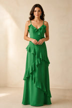 Romantic A-Line V-Neck Spaghetti-Strap Open-Back Floor-Length Bridesmaid Dress