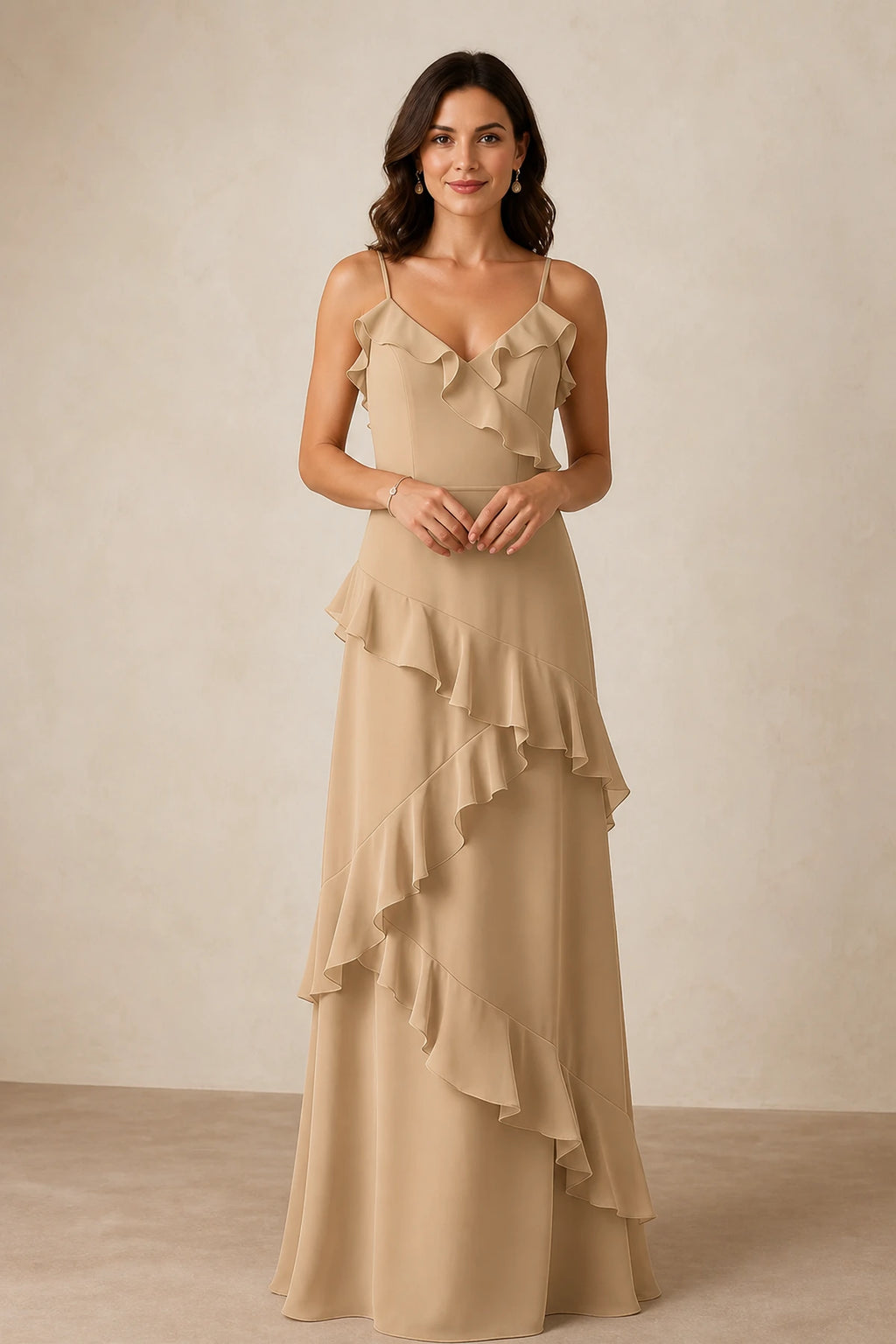 Romantic A-Line V-Neck Spaghetti-Strap Open-Back Floor-Length Bridesmaid Dress