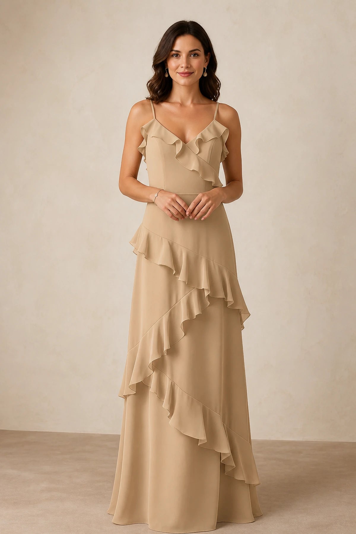 Romantic A-Line V-Neck Spaghetti-Strap Open-Back Floor-Length Bridesmaid Dress