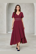 Burgundy A-line V-neck flutter sleeve Mother of the Bride dress with defined waist, asymmetric tea-length hem and V-back, front and back view by Vedress