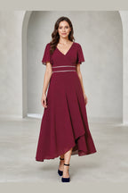 Burgundy A-line V-neck flutter sleeve Mother of the Bride dress with defined waist, asymmetric tea-length hem and V-back, front and back view by Vedress