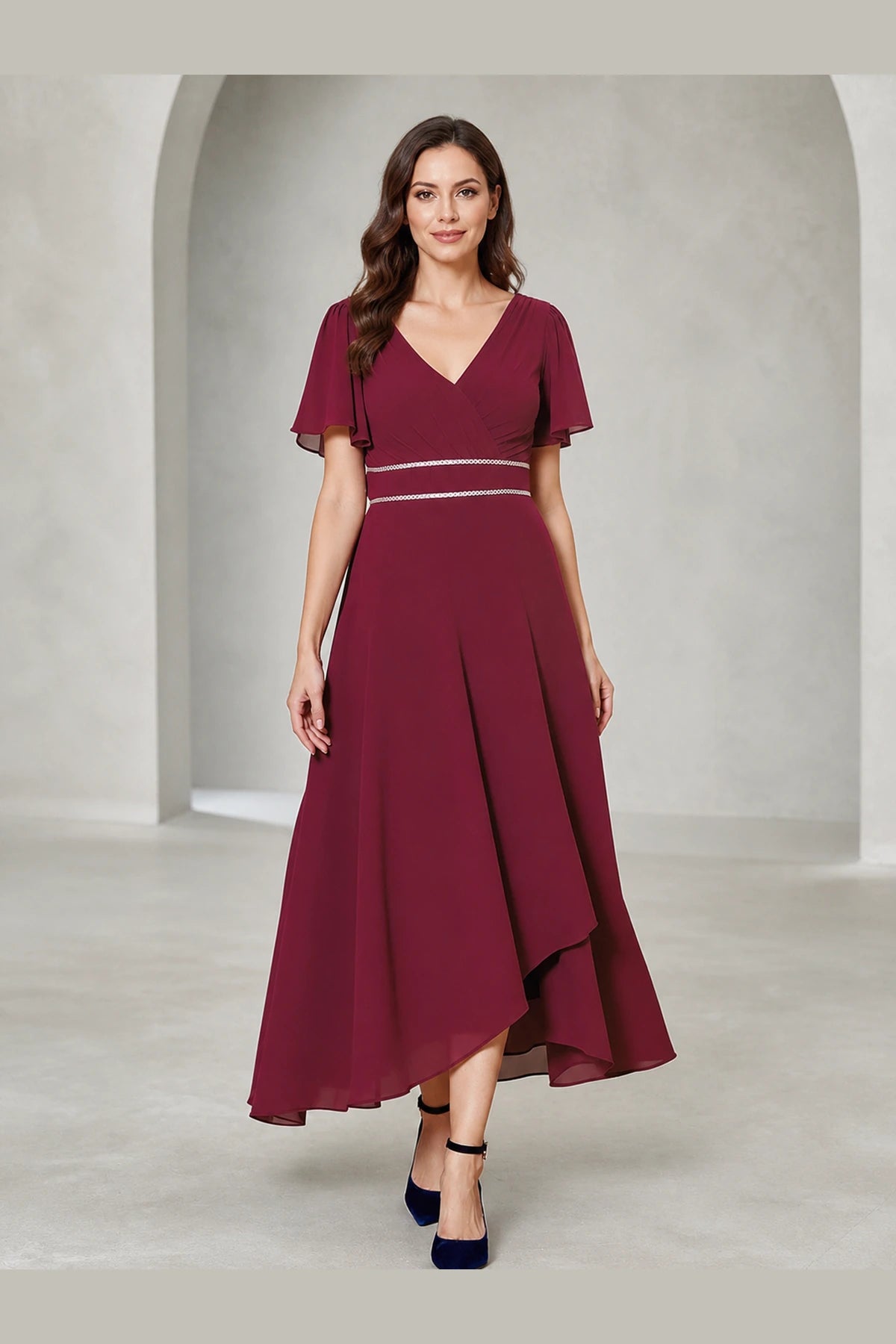 Burgundy A-line V-neck flutter sleeve Mother of the Bride dress with defined waist, asymmetric tea-length hem and V-back, front and back view by Vedress