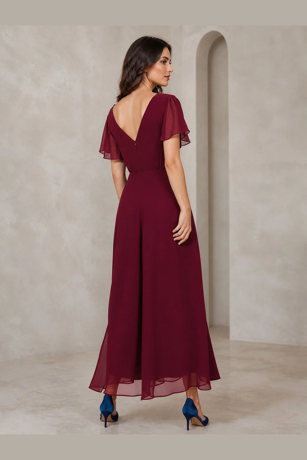 Burgundy A-line V-neck flutter sleeve Mother of the Bride dress with defined waist, asymmetric tea-length hem and V-back, front and back view by Vedress