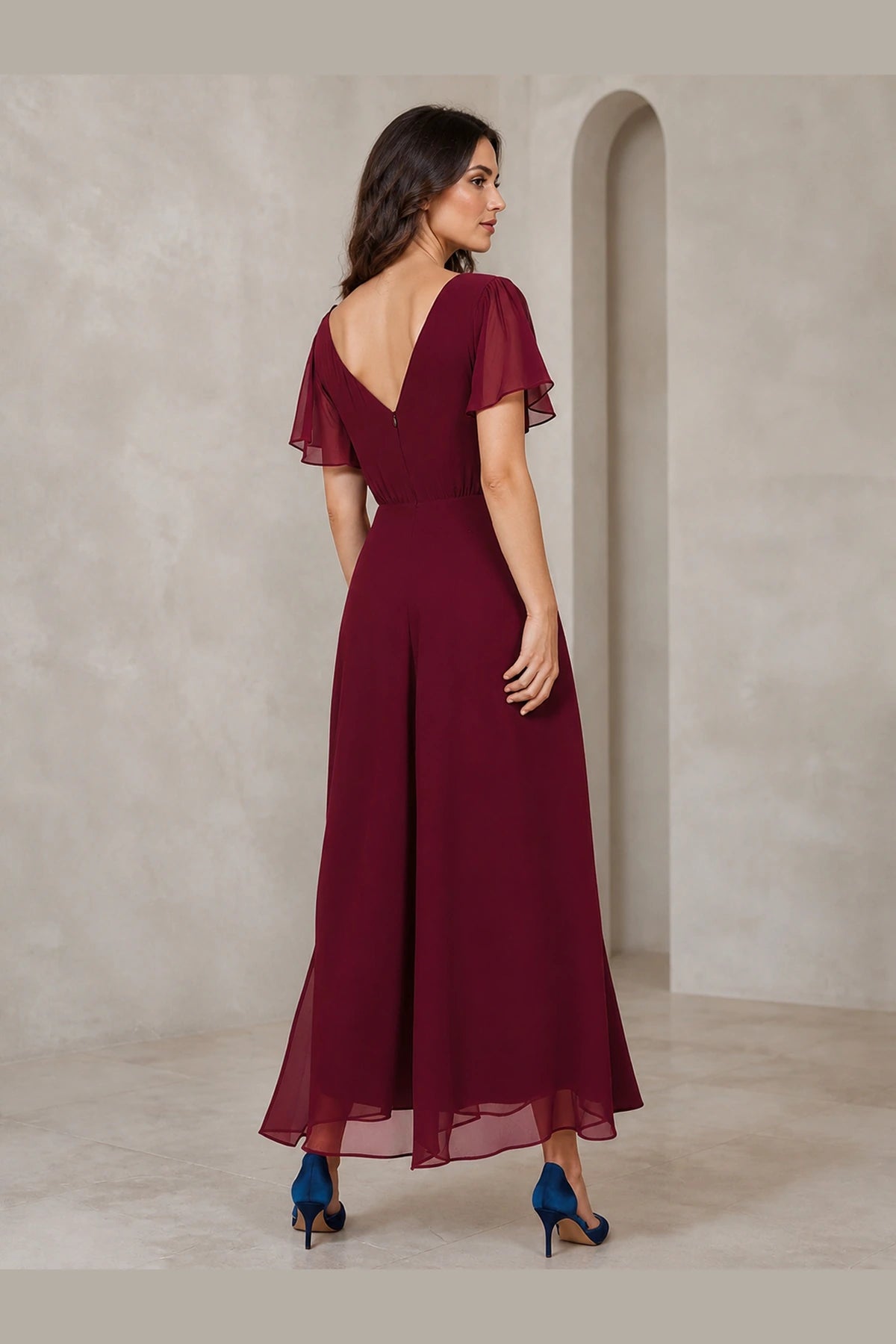 Burgundy A-line V-neck flutter sleeve Mother of the Bride dress with defined waist, asymmetric tea-length hem and V-back, front and back view by Vedress
