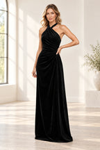 Romantic A Line Halter Sleeveless Open Back Floor Length Bridesmaid Dress