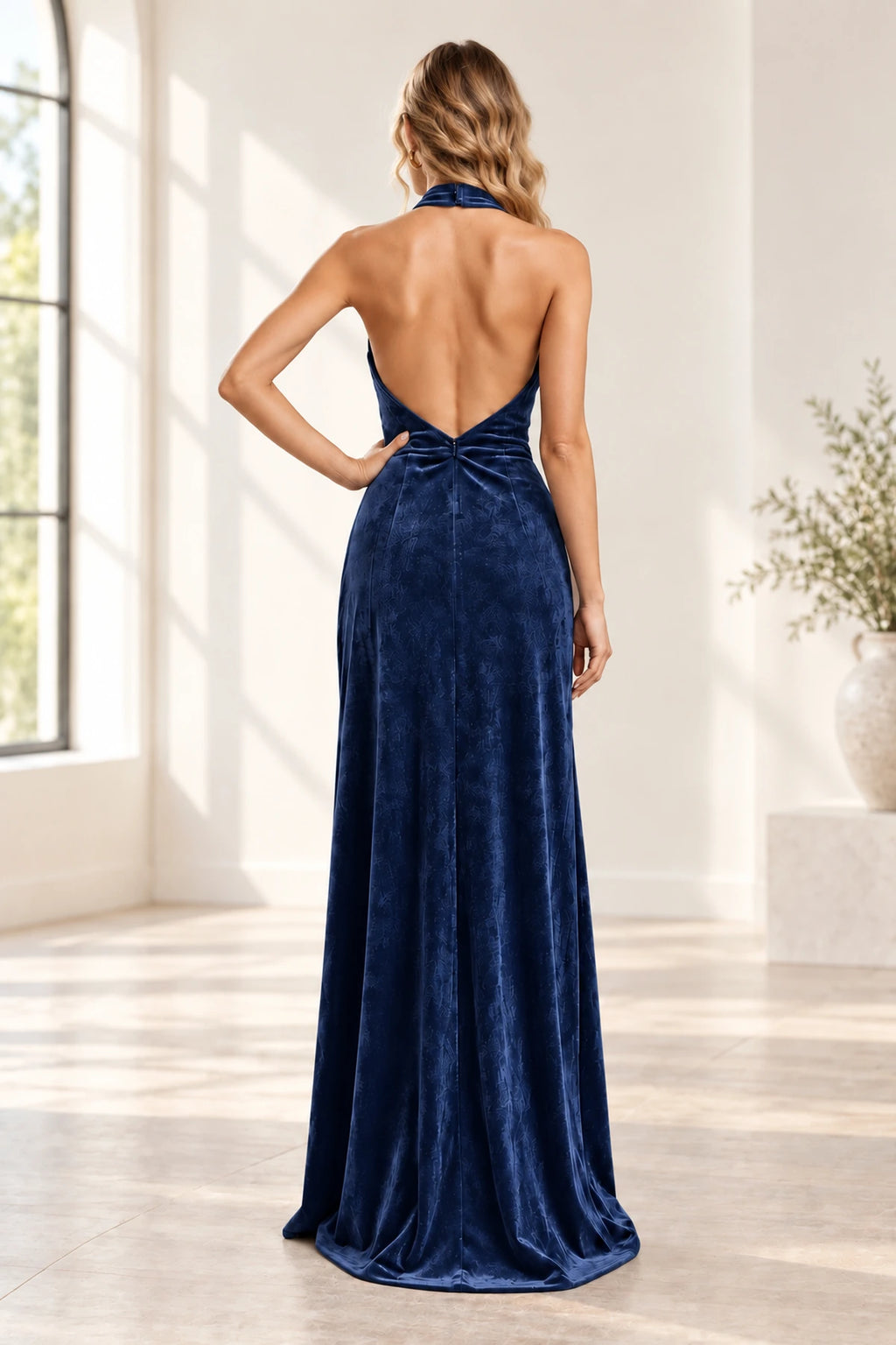 Romantic A Line Halter Sleeveless Open Back Floor Length Bridesmaid Dress