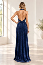 Romantic A Line Halter Sleeveless Open Back Floor Length Bridesmaid Dress