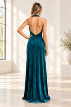 Romantic A Line Halter Sleeveless Open Back Floor Length Bridesmaid Dress