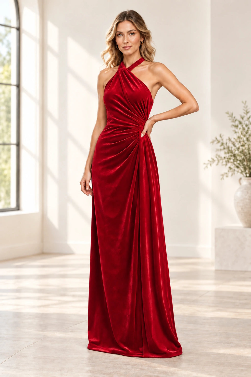 Romantic A Line Halter Sleeveless Open Back Floor Length Bridesmaid Dress