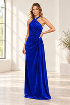 Romantic A Line Halter Sleeveless Open Back Floor Length Bridesmaid Dress