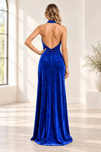 Romantic A Line Halter Sleeveless Open Back Floor Length Bridesmaid Dress