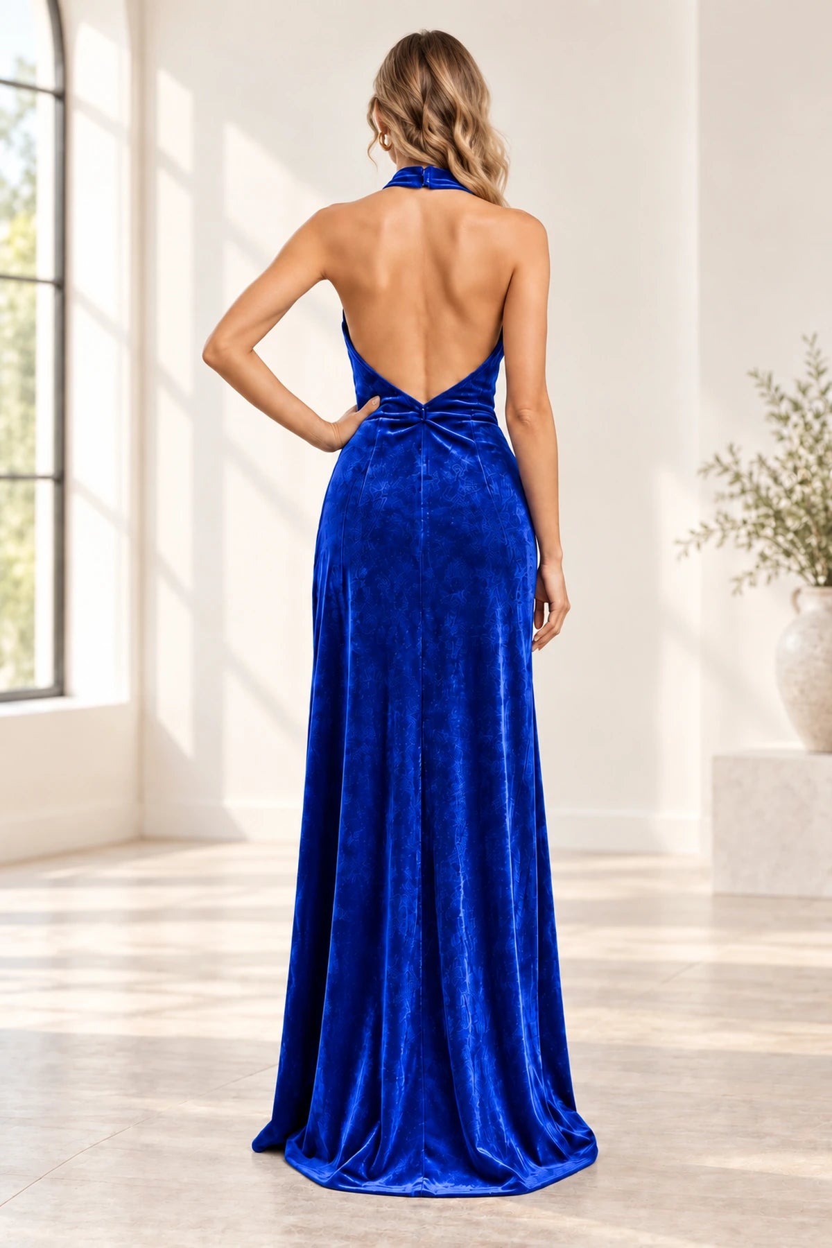 Romantic A Line Halter Sleeveless Open Back Floor Length Bridesmaid Dress