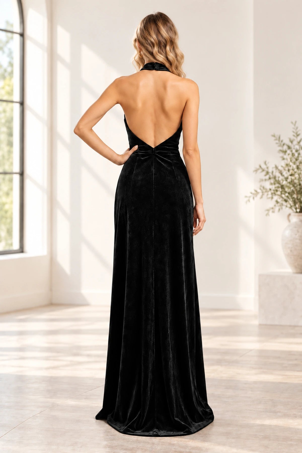 Romantic A Line Halter Sleeveless Open Back Floor Length Bridesmaid Dress