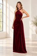 Burgundy velvet halter A line floor length bridesmaid dress with draped bodice