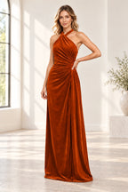 Romantic A Line Halter Sleeveless Open Back Floor Length Bridesmaid Dress