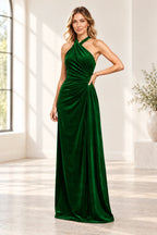 Romantic A Line Halter Sleeveless Open Back Floor Length Bridesmaid Dress