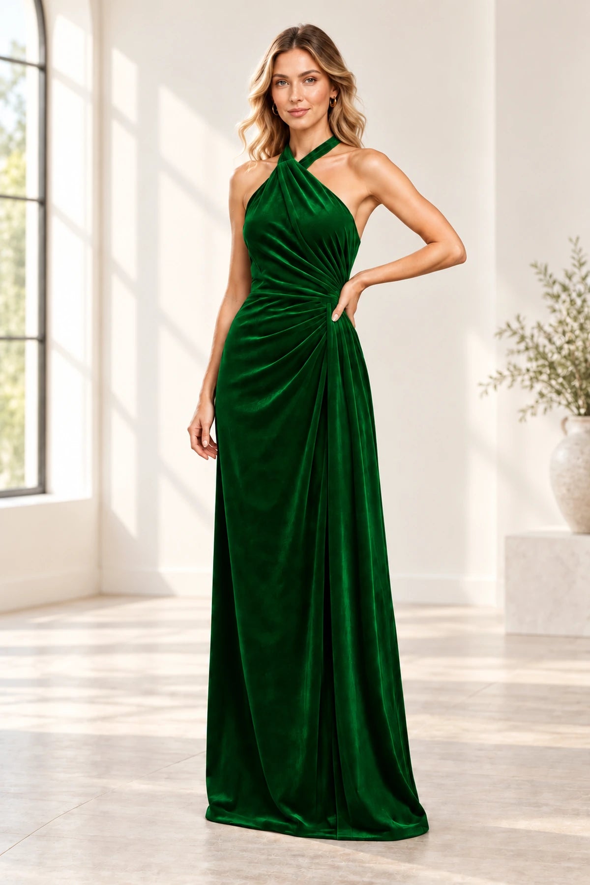 Romantic A Line Halter Sleeveless Open Back Floor Length Bridesmaid Dress