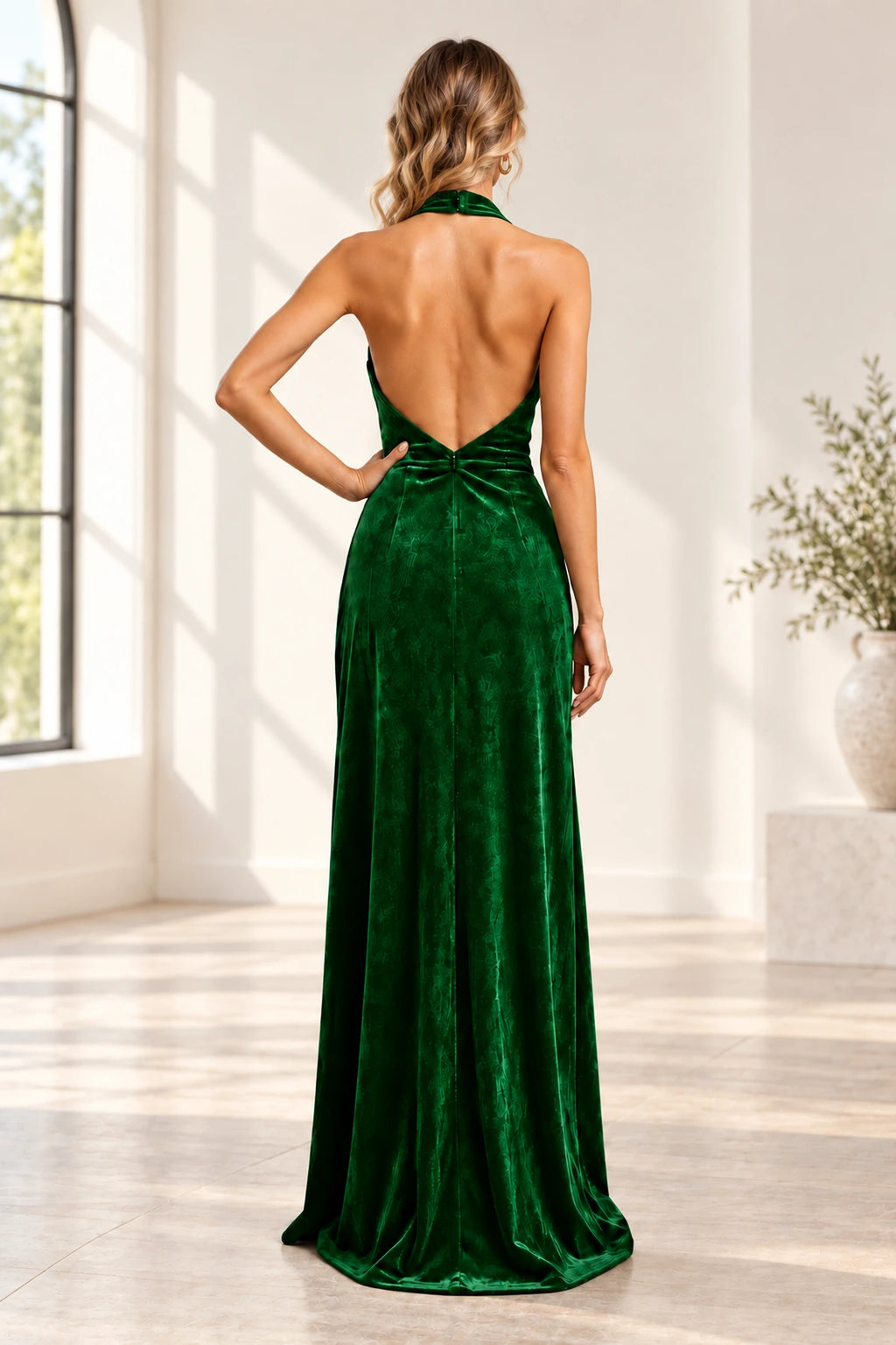 Romantic A Line Halter Sleeveless Open Back Floor Length Bridesmaid Dress