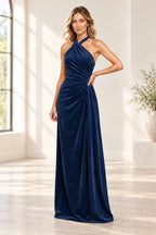 Romantic A Line Halter Sleeveless Open Back Floor Length Bridesmaid Dress