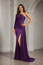Glamorous One-Shoulder Long-Sleeve Ruched Open-Back Floor-Length Orange Prom Dress