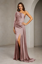 Glamorous One-Shoulder Long-Sleeve Ruched Open-Back Floor-Length Orange Prom Dress