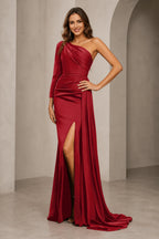 Glamorous One-Shoulder Long-Sleeve Ruched Open-Back Floor-Length Orange Prom Dress