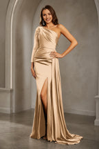 Glamorous One-Shoulder Long-Sleeve Ruched Open-Back Floor-Length Orange Prom Dress