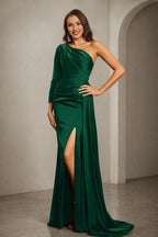 Glamorous One-Shoulder Long-Sleeve Ruched Open-Back Floor-Length Orange Prom Dress