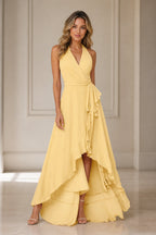 Butter yellow A-line V-neck halter bridesmaid dress with tie waist, high-low ruffle skirt and open back, front and back view by Vedress