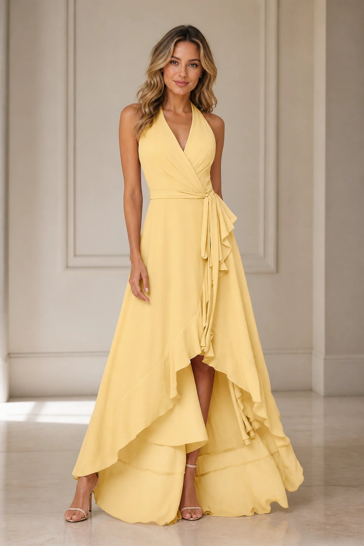 Butter yellow A-line V-neck halter bridesmaid dress with tie waist, high-low ruffle skirt and open back, front and back view by Vedress