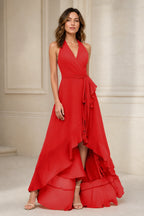 Romantic A-Line V-Neck Halter Sleeveless Open-Back High-Low Bridesmaid Dress