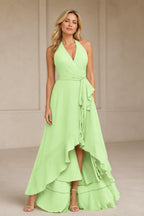 Romantic A-Line V-Neck Halter Sleeveless Open-Back High-Low Bridesmaid Dress