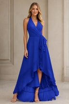 Romantic A-Line V-Neck Halter Sleeveless Open-Back High-Low Bridesmaid Dress