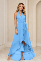 Romantic A-Line V-Neck Halter Sleeveless Open-Back High-Low Bridesmaid Dress
