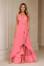 Romantic A-Line V-Neck Halter Sleeveless Open-Back High-Low Bridesmaid Dress