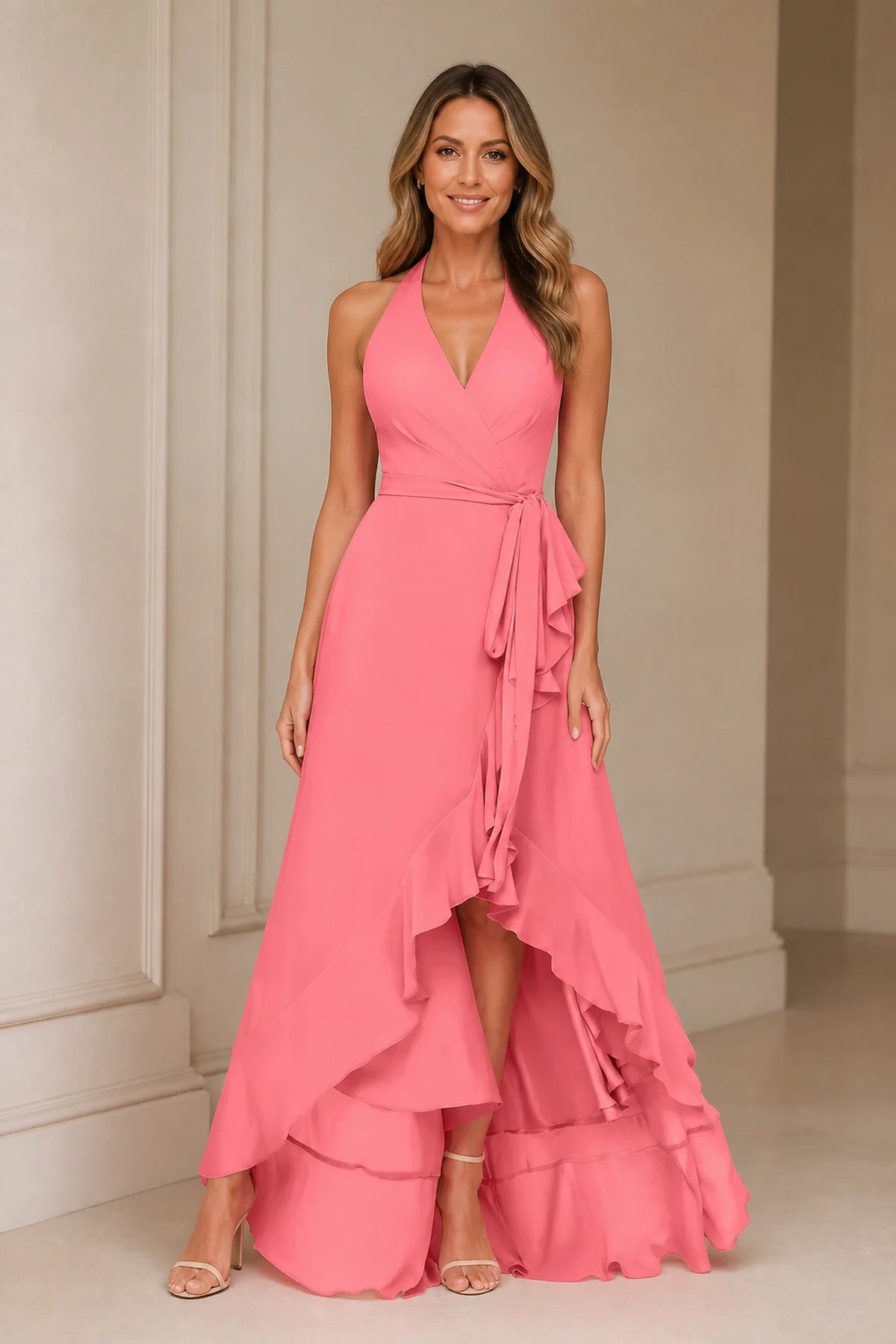 Romantic A-Line V-Neck Halter Sleeveless Open-Back High-Low Bridesmaid Dress